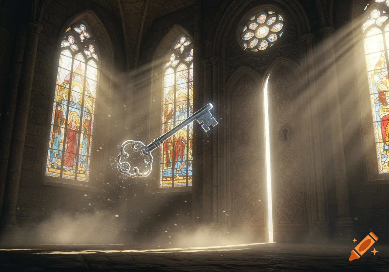 A large, ornate silver key floats in a bright beam of light within a gothic cathedral, with illuminated stained glass windows.