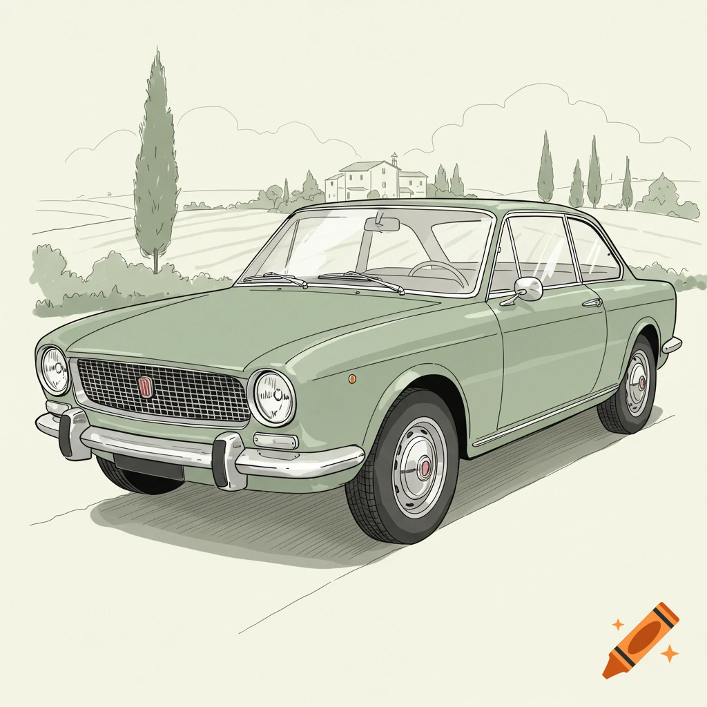 A simple green drawing of a 1965 Fiat coupe parked on a road, with a rural landscape and cypress trees in the background.