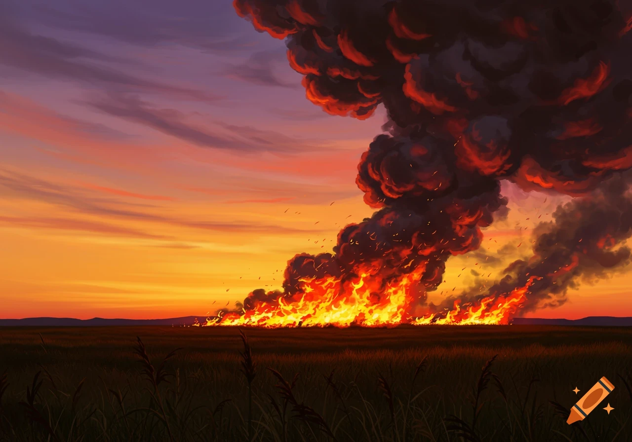 A vivid prairie wildfire burning at sunset, with a fiery orange and purple sky and dark smoke plumes.