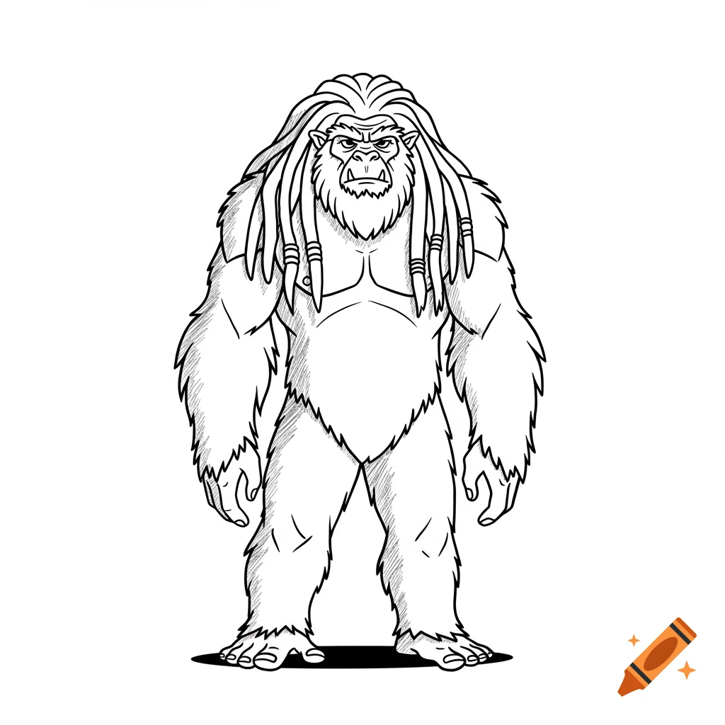 A black and white line drawing of a yeti with dreadlocks standing upright.