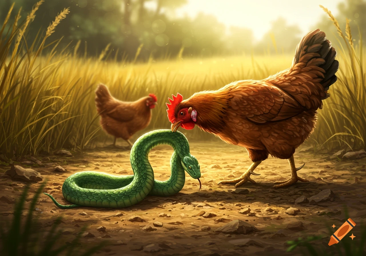 An illustrative image of a brown chicken looking down at a coiled green snake in a sunlit field, with another chicken in the background.