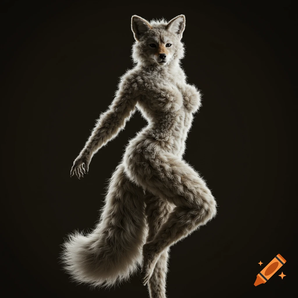 Full-body anthropomorphic female coyote with a womanly, graceful physique, covered in thick, textured fur, on a dark background.