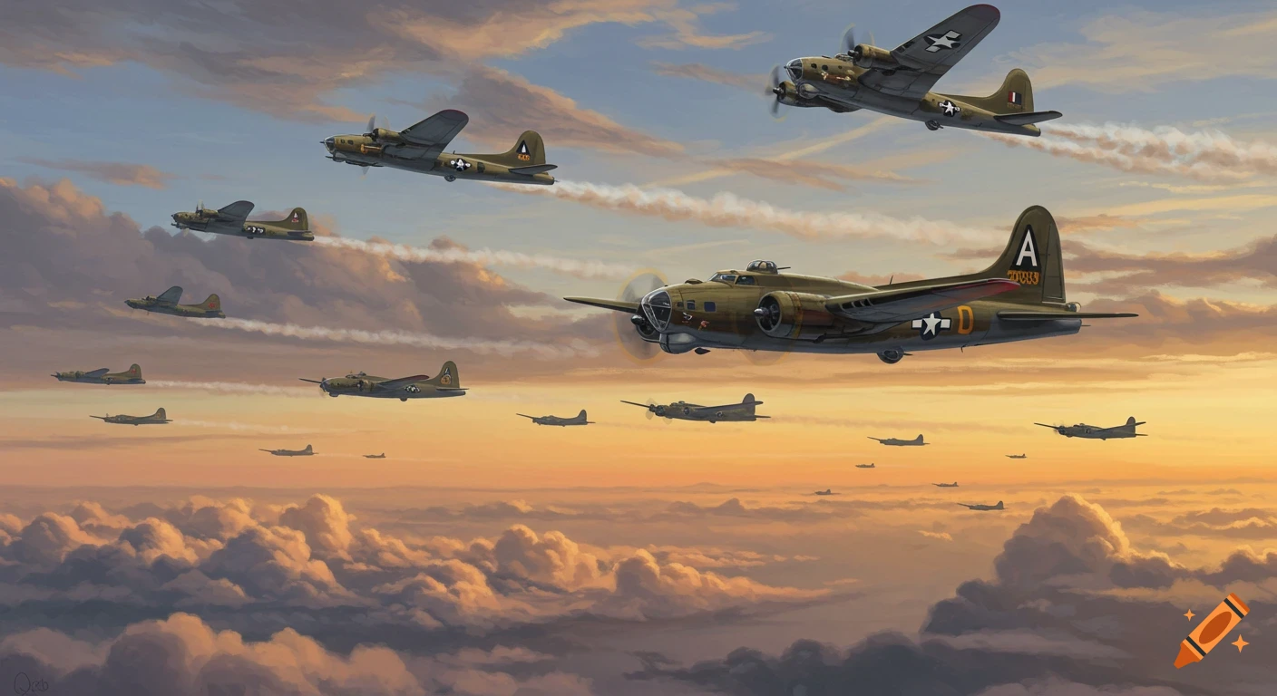 A fleet of B-17 Flying Fortress bombers fly in formation across a cloudy sky during sunset or sunrise, with a prominent aircraft in the foreground.