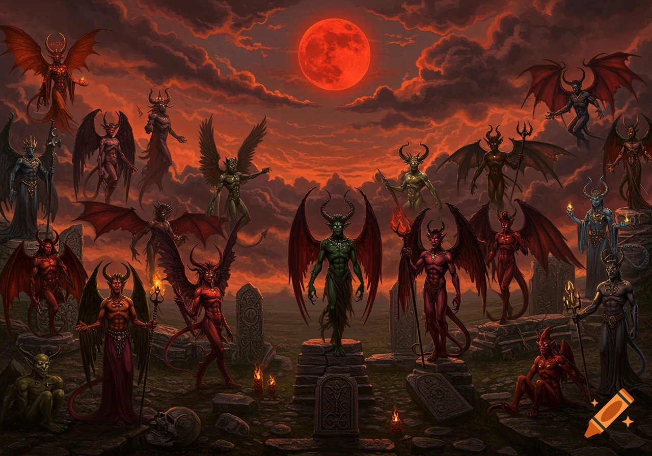 A dark fantasy scene with multiple winged demons of various colors standing and floating under a red sky with a giant red moon.