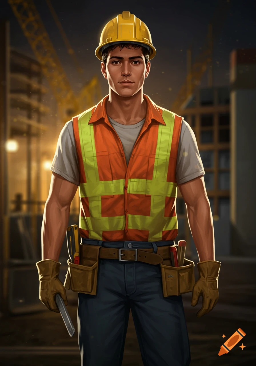 A stylized illustration of a young man wearing a yellow hard hat and a reflective vest, standing at a construction site.