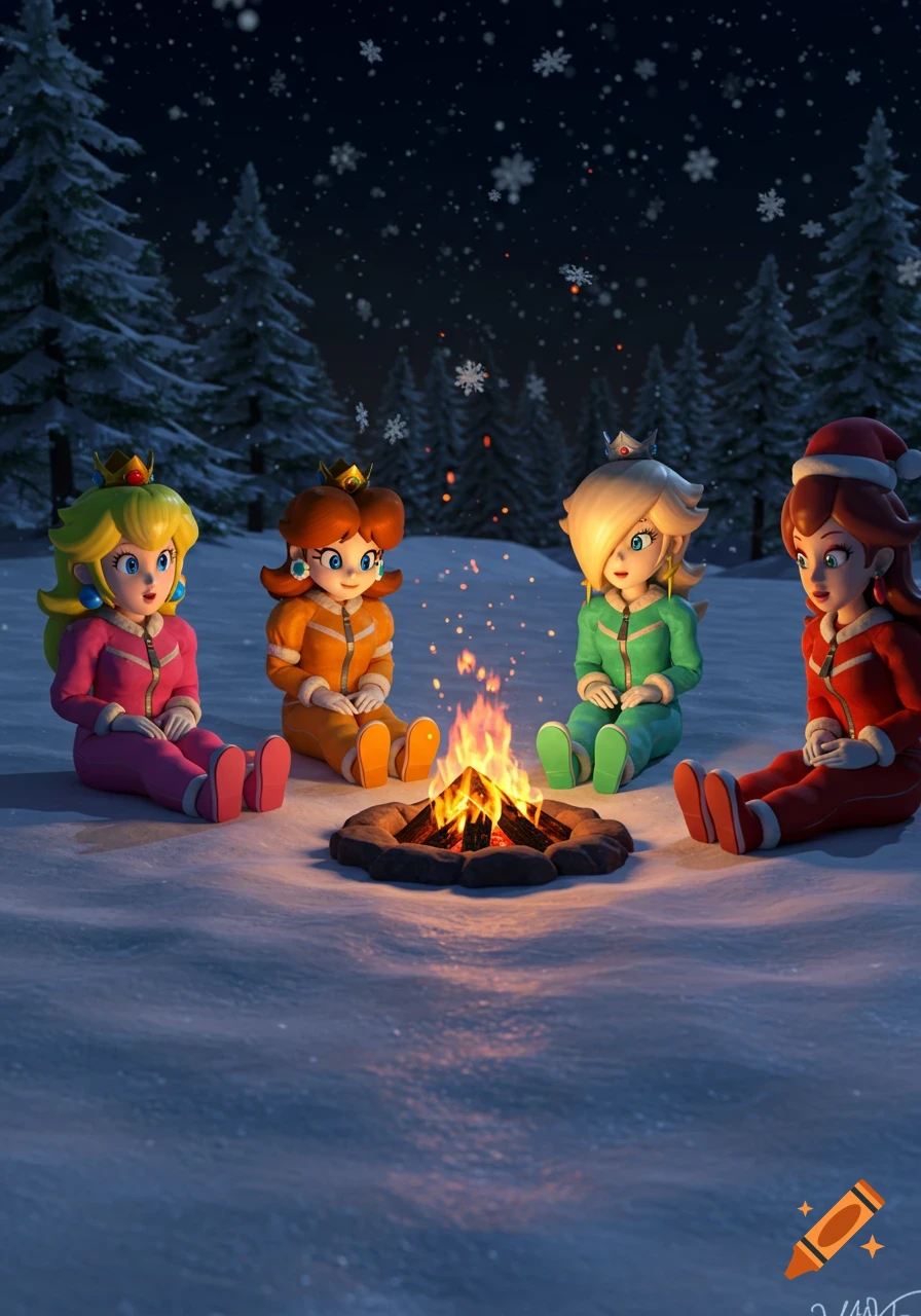 Princess Peach, Princess Daisy, Rosalina, and a fourth female character in colorful snowsuits sit around a campfire in a snowy forest at night.