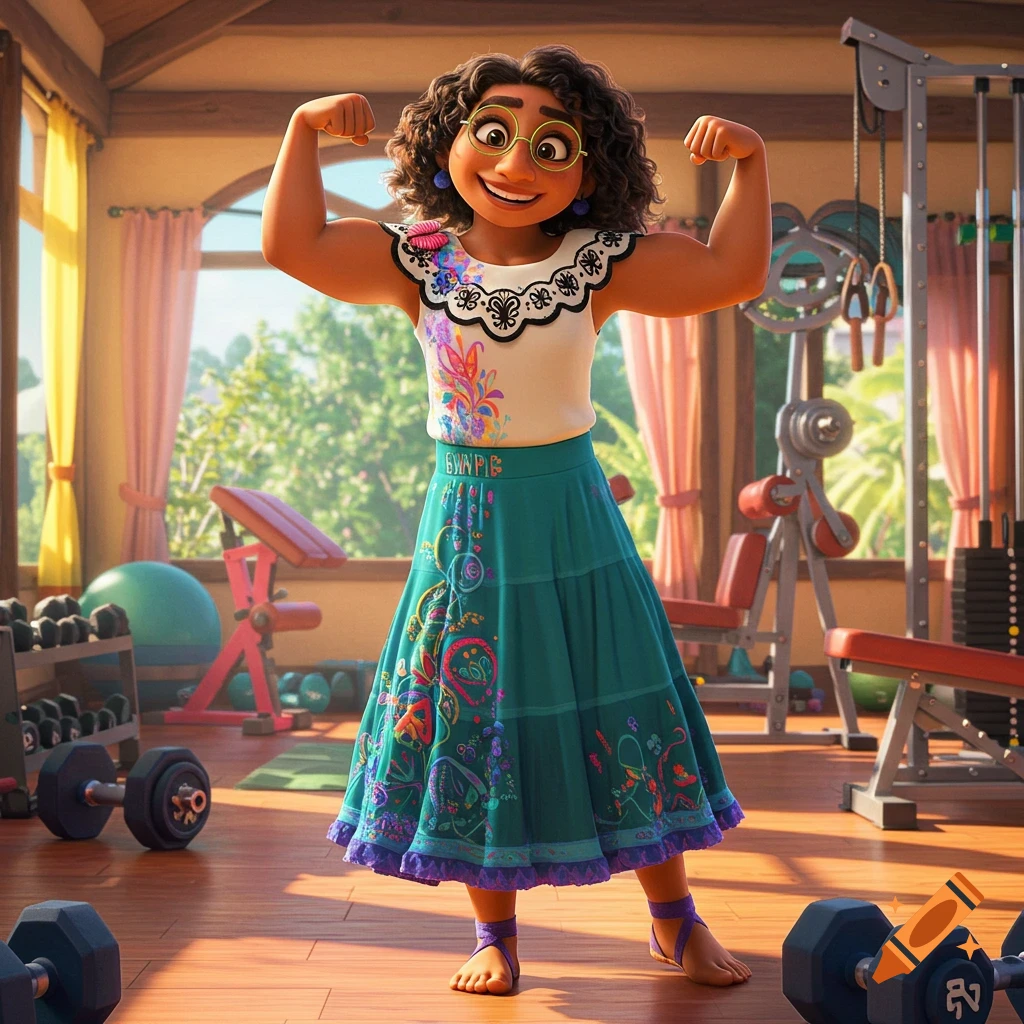 A cartoon character, Mirabel from Encanto, smiles while flexing her bicep muscles in a colorful gym setting.