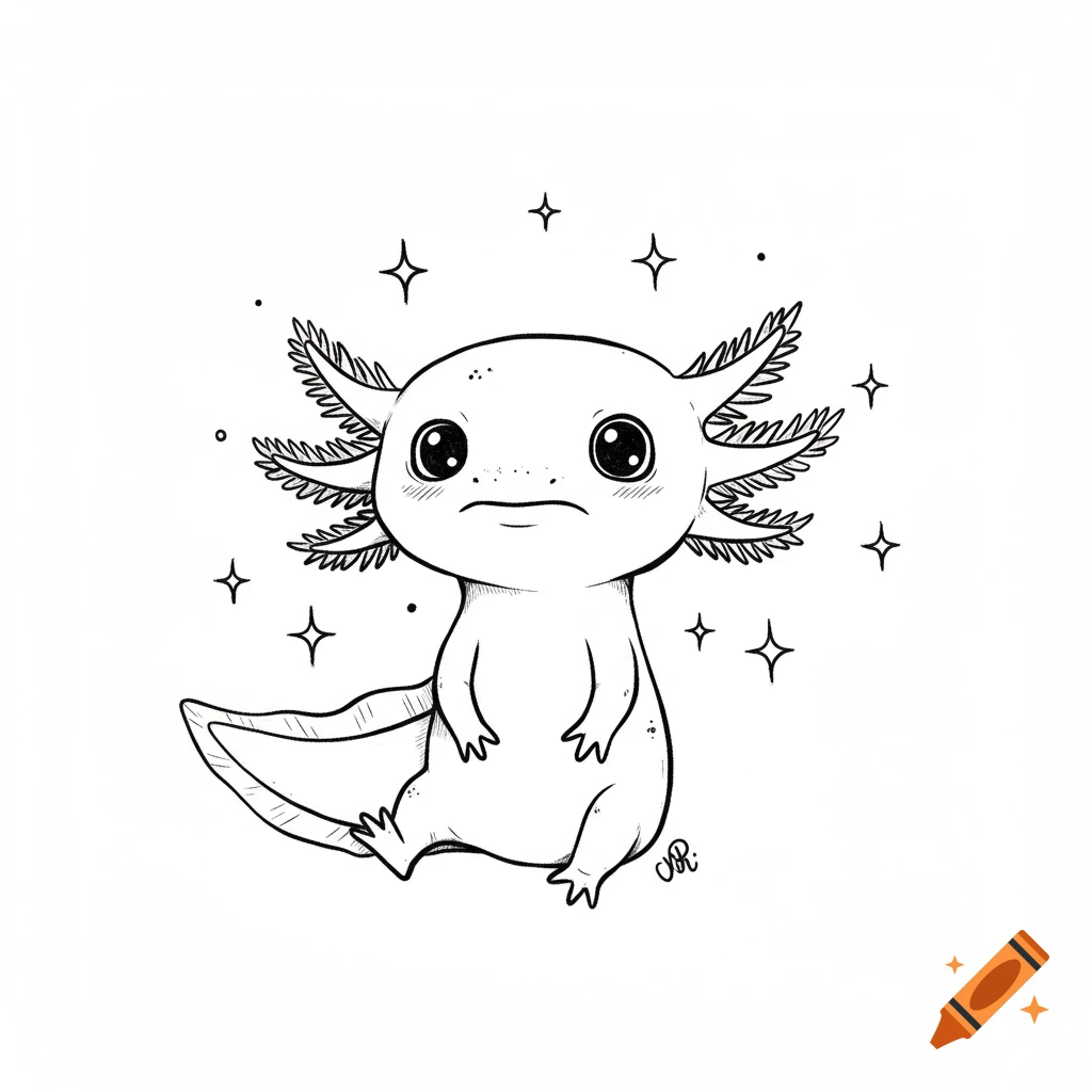 A cute, dazed-looking axolotl with large eyes, depicted as a black and white line drawing with small stars floating around it.