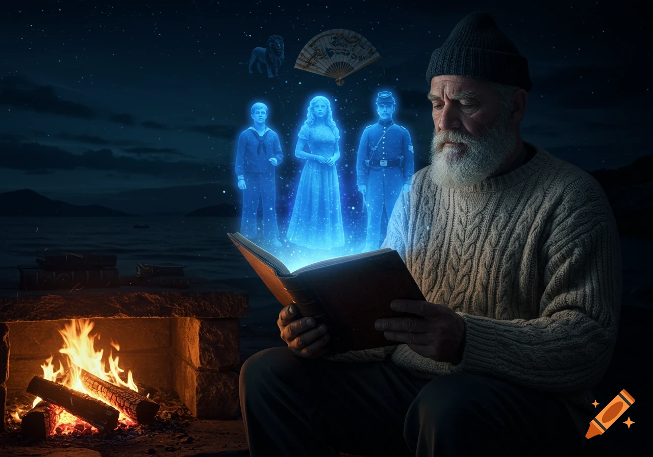An old man reads a glowing book by a campfire at night, as blue ghostly figures and symbols emerge from the pages on a coastal setting.