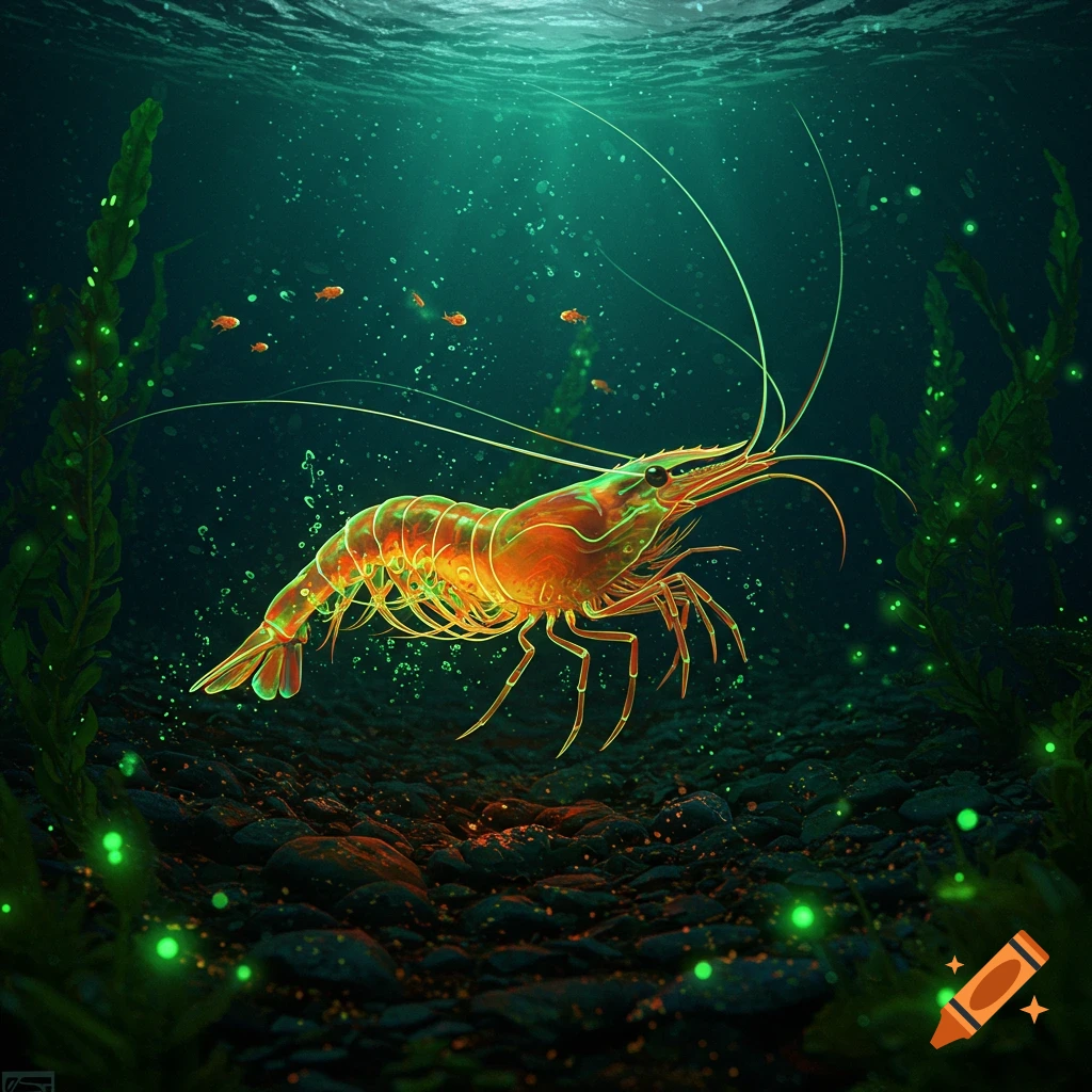 A vibrant, glowing orange shrimp swims in a dark underwater scene with green bioluminescent plants and small fish.