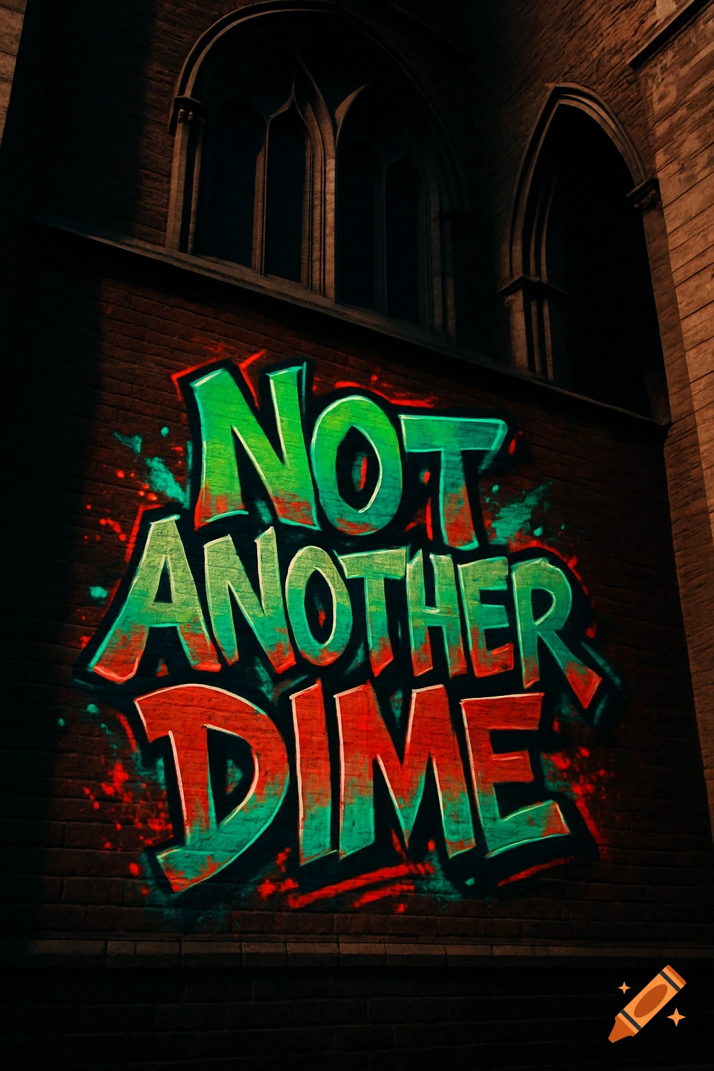 Graffiti "NOT ANOTHER DIME" in green and red on a dark brick wall of a gothic building, with dramatic lighting.