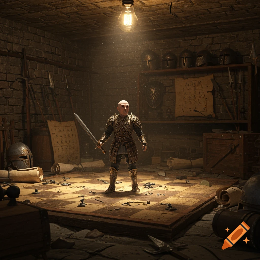 A tiny warrior in ornate armor stands on a large chessboard in a dimly lit stone basement, holding a sword. Helmets, scrolls, and weapons are scattered around.