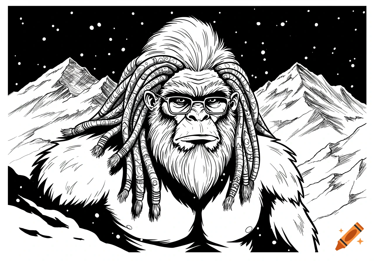 A black and white illustration of a yeti with dreadlocks and glasses in front of mountains and a starry sky.