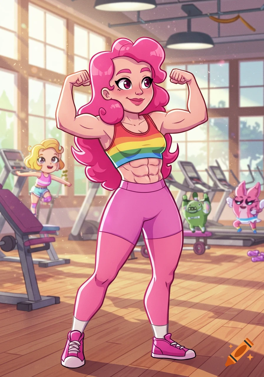 Cartoon character Rosie Redd, with pink hair and a rainbow top, flexes muscles in a colorful gym with other cartoon figures.
