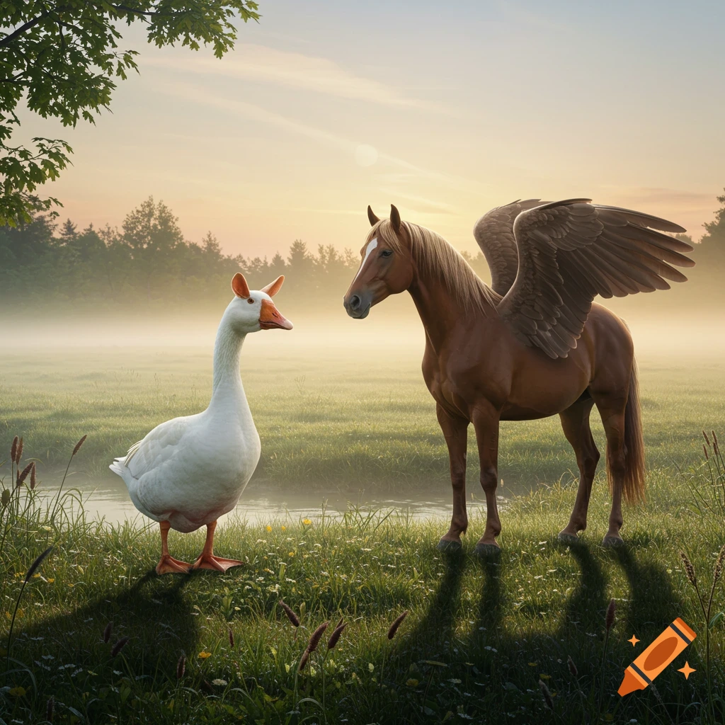 A white goose with horse-like ears stands facing a brown winged horse (Pegasus) in a misty, grassy field at sunrise.