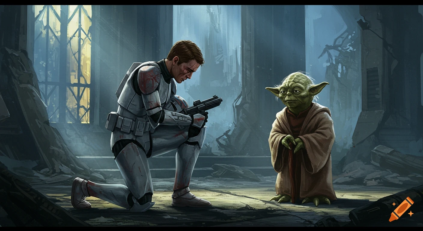 Clone trooper kneels before Yoda in a ruined temple with light from a tall window. Illustration style.