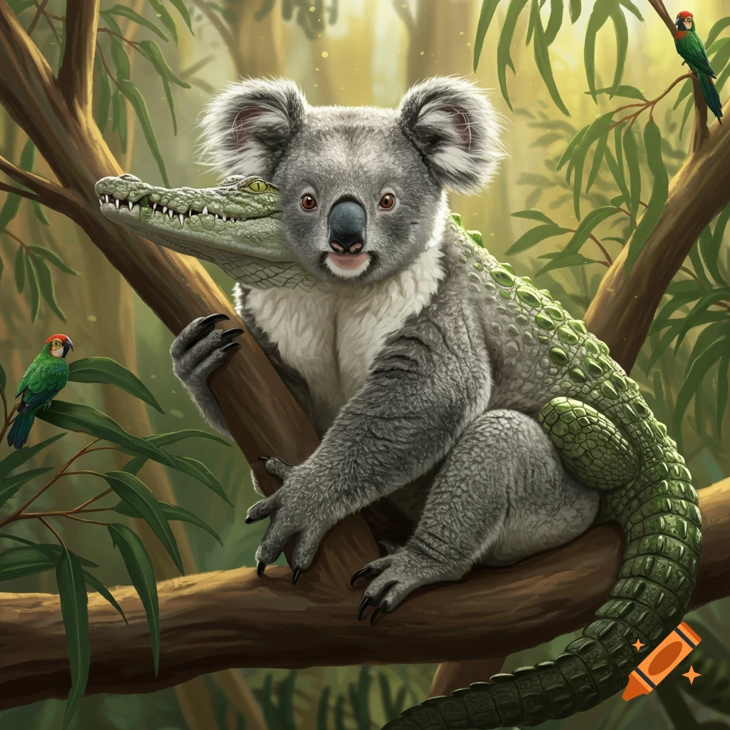 A grey koala with a green crocodile body and head rests on a tree branch in a lush jungle, with two parrots nearby.