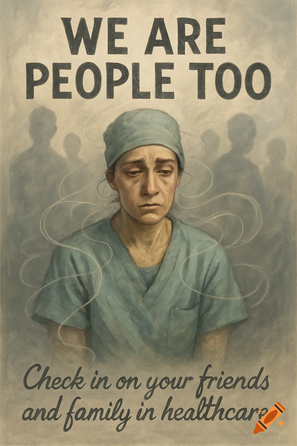 Illustration of an exhausted healthcare worker in scrubs with text WE ARE PEOPLE TOO & Check in on your friends and family in healthcare.