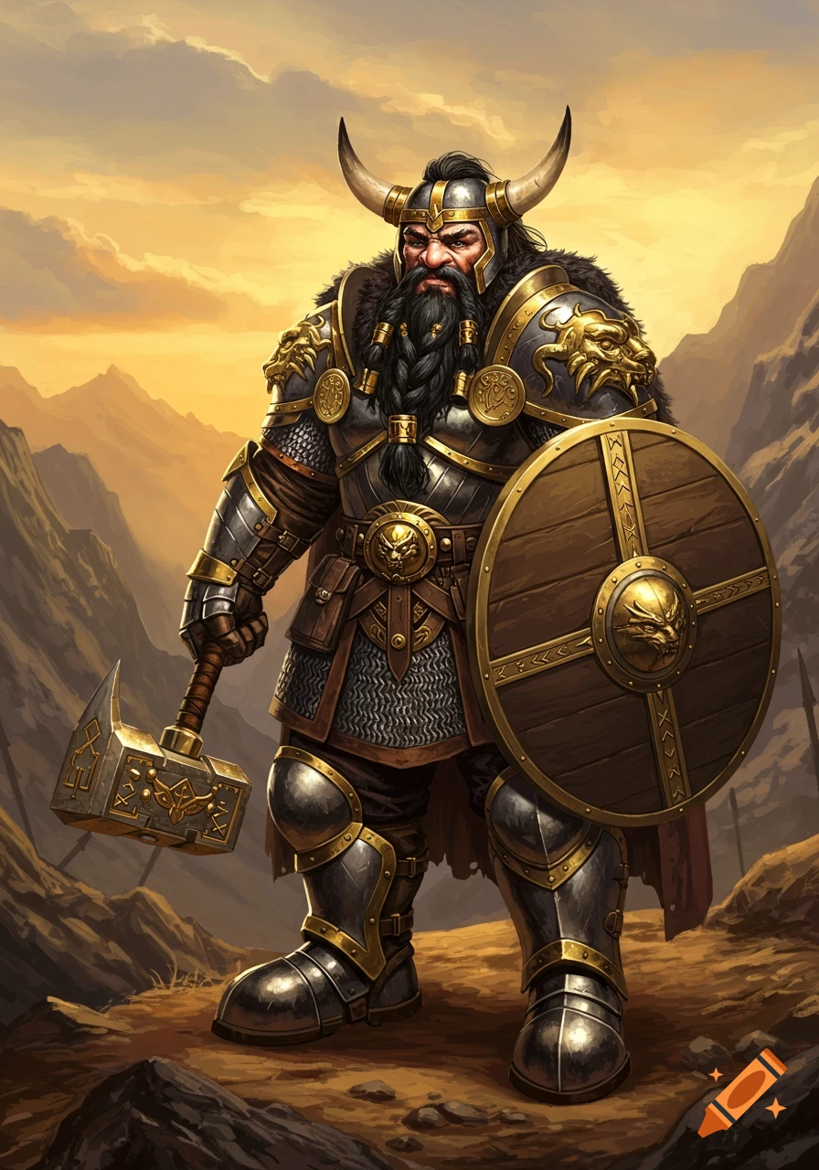 A formidable dwarf warrior in ornate gold and silver armor stands in a rocky landscape, holding a large hammer and shield.