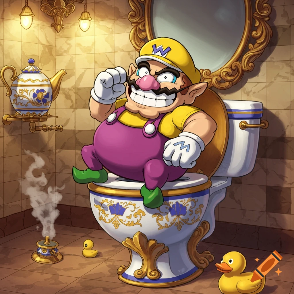 Cartoon Wario sits on an ornate toilet in a luxurious bathroom with rubber ducks and an incense burner.