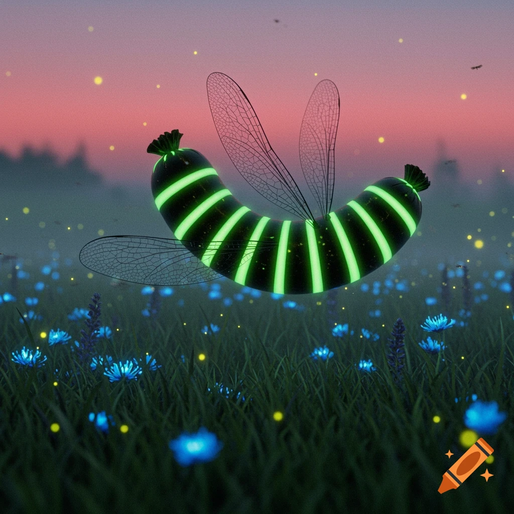 A glowing, striped sausage-like creature with insect wings hovers over a field of blue flowers at dusk, with fireflies.