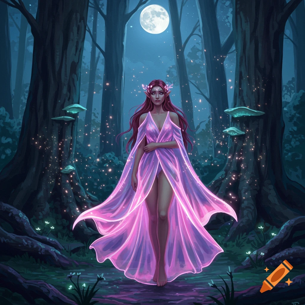A red-haired fairy in a glowing pink dress walks through a mystical dark forest under a full moon, surrounded by sparkling lights.