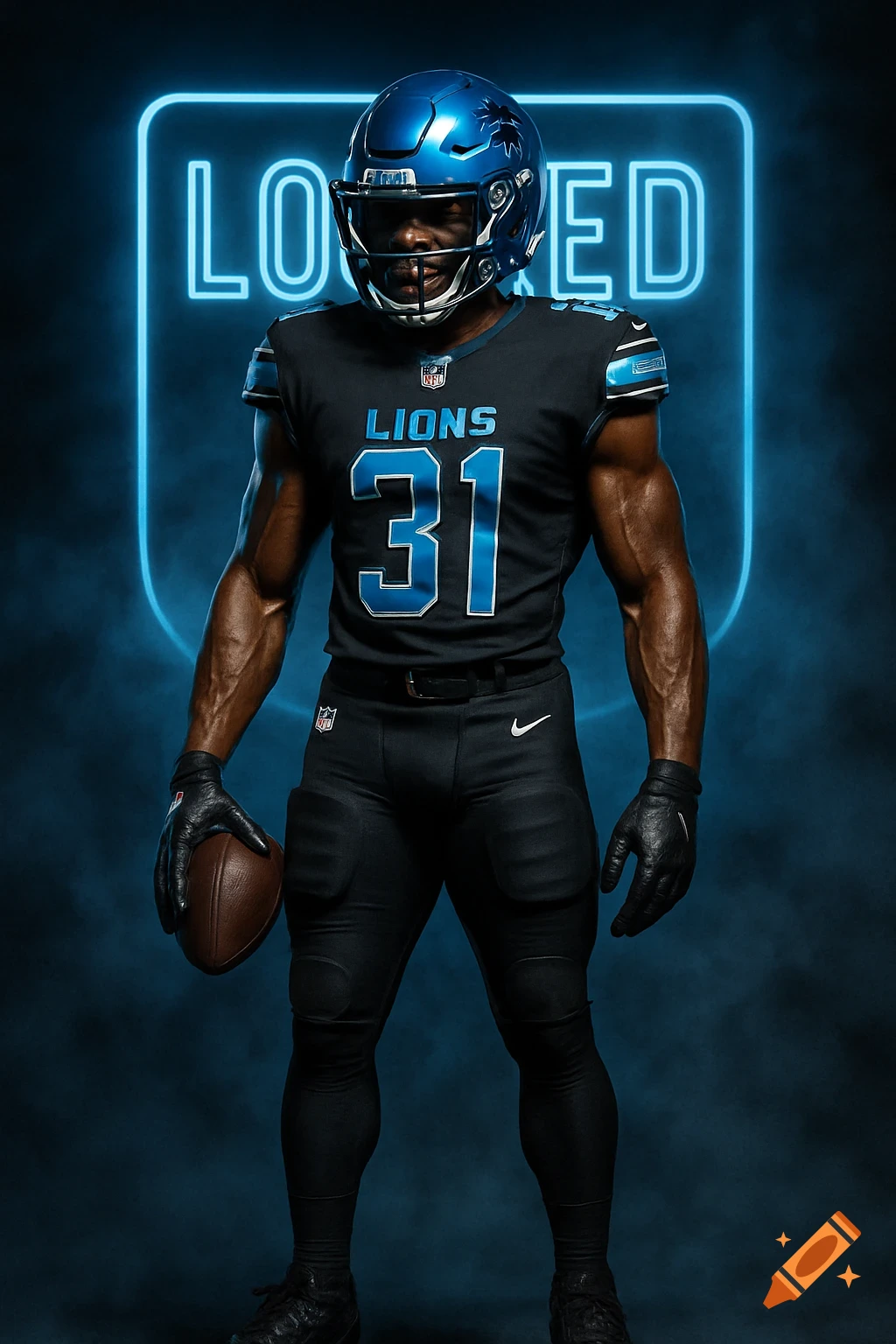 A muscular football player in a black and electric blue uniform, holding a football, stands against a dark background with a glowing neon outline.