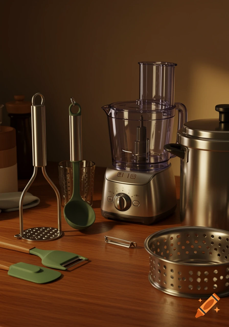 Kitchen utensils and appliances on a wooden counter, including a food processor, potato masher, spatulas, and a colander.