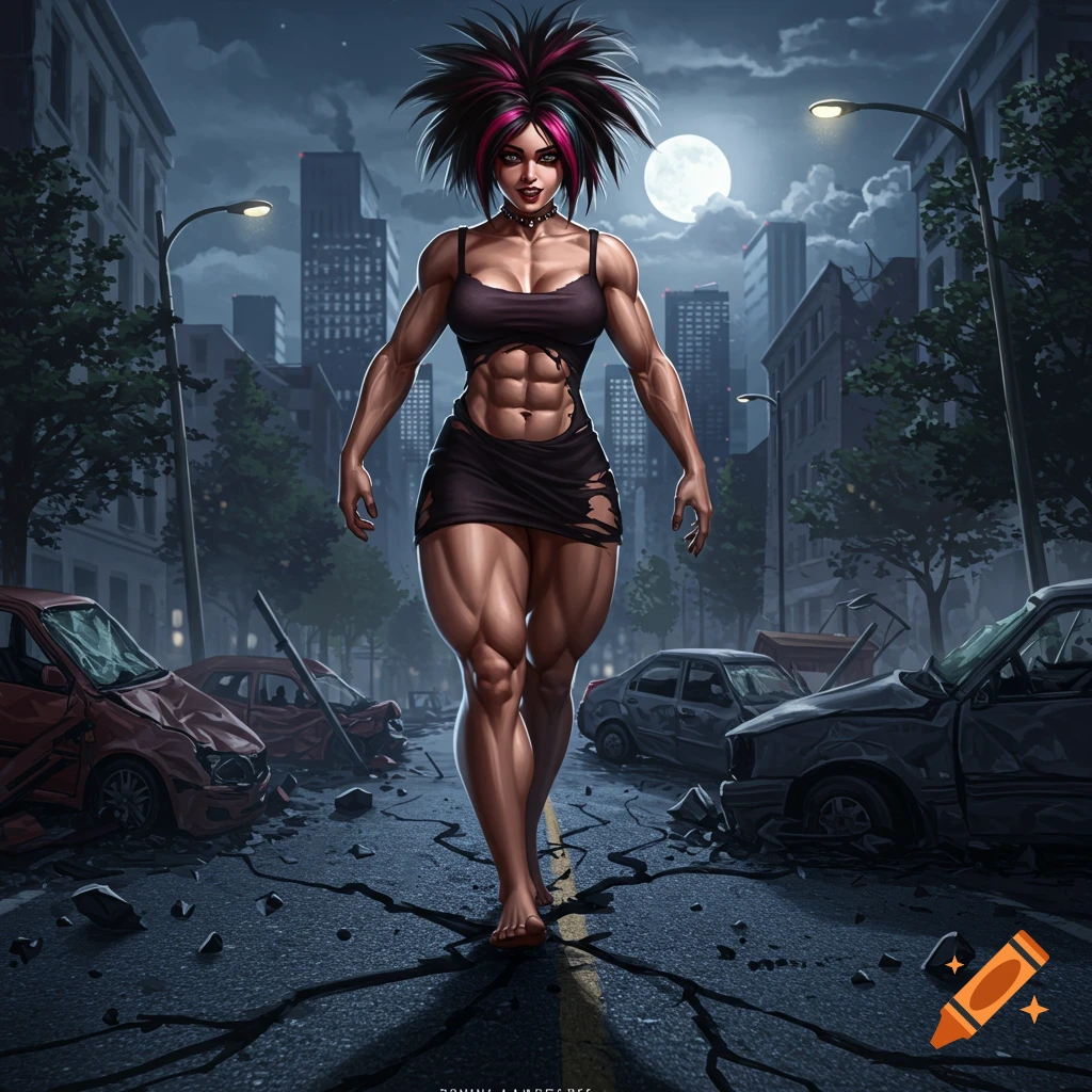 A super-strong muscular emo woman in a ripped dress walks barefoot through a destroyed city street at night under a full moon. Smashed cars and cracked pavement surround her.