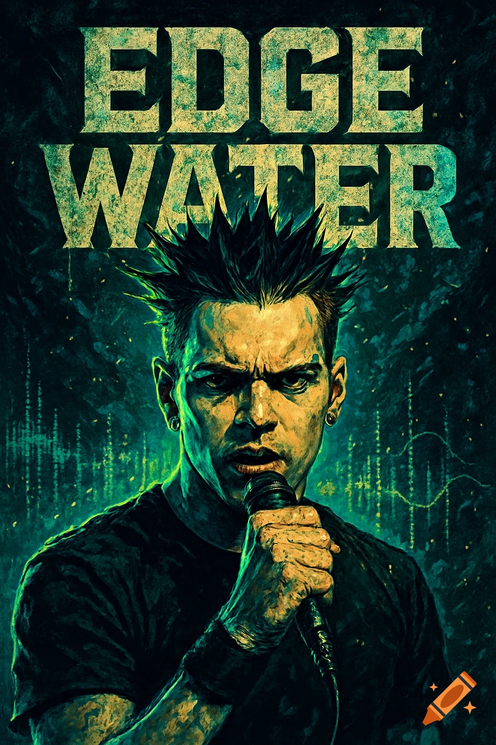 Stylized poster of a male singer with spiked hair holding a microphone, with 'EDGE WATER' text above, in a dark, gritty art style.