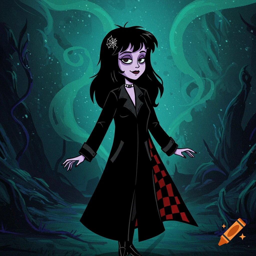 A cartoon drawing of adult Lydia Deetz in a long black coat with a red checkered lining, against a dark, mystical forest background.