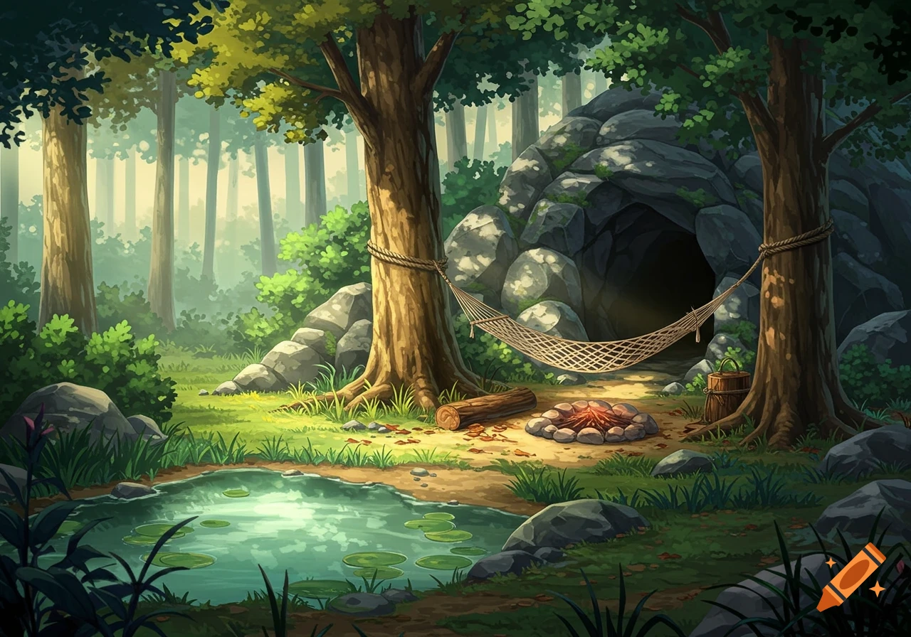 An anime-style forest scene with a pond in the foreground, a hammock between two large trees, a stone cave, and a burnt-out campfire.