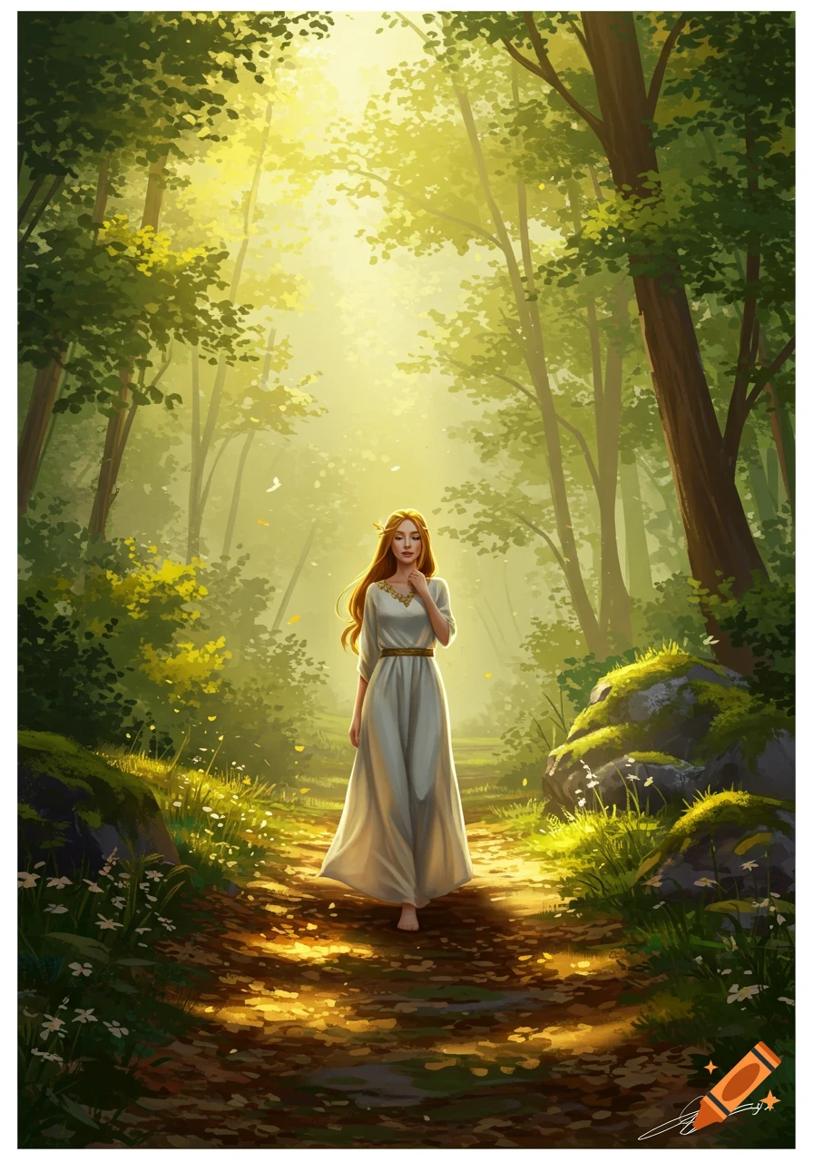 A woman with long red hair in a white dress walks barefoot down a sunlit forest path.