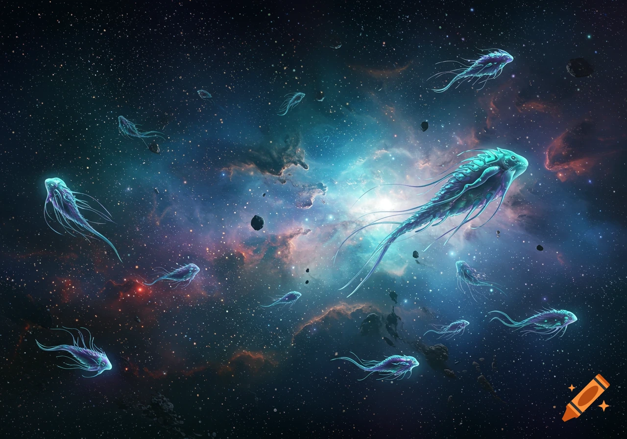 Bioluminescent alien creatures swim through a vibrant nebula filled with stars and asteroids.