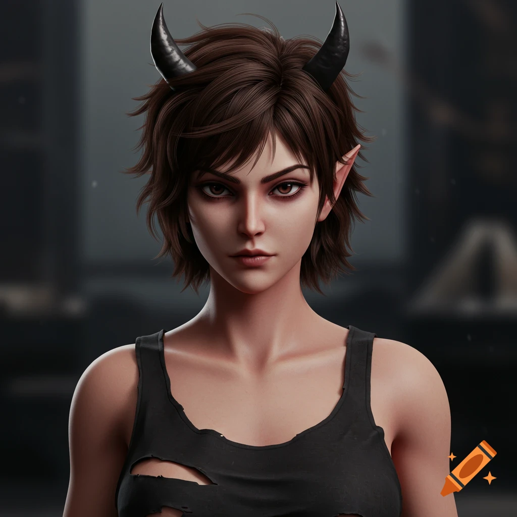 Stylized portrait of a confident woman with devil horns and pointed ears, wearing a torn black tank top.