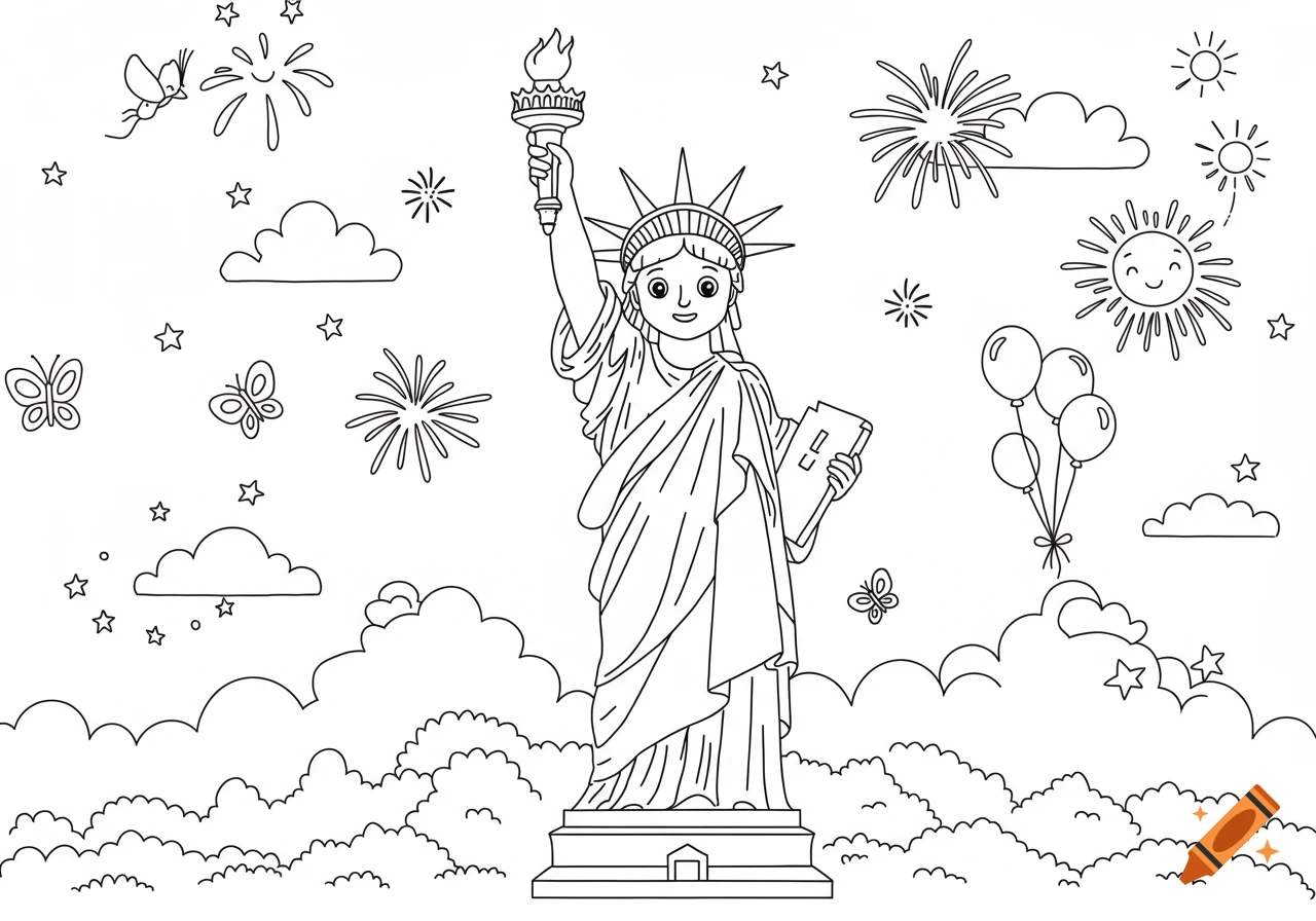 Line art coloring page of a cartoonish Statue of Liberty with fireworks, butterflies, and smiling suns in the sky.
