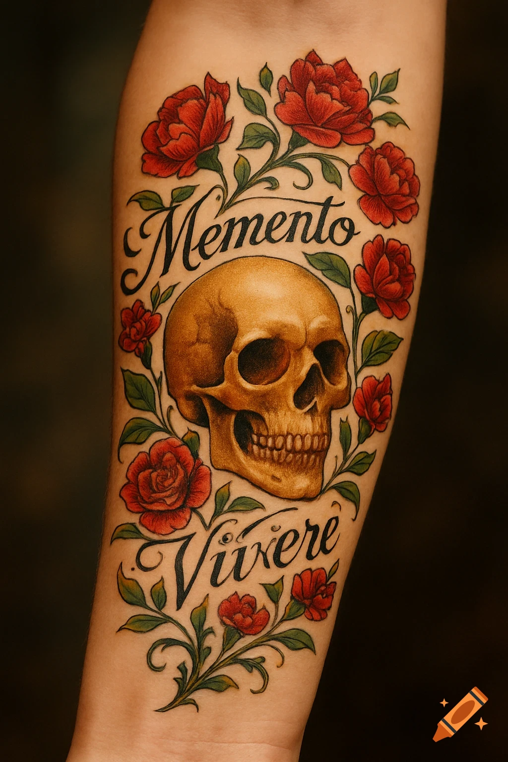 A tattoo on an arm featuring a skull surrounded by red roses and green leaves, with the words "Memento" and "Vivere" in a stylized script.