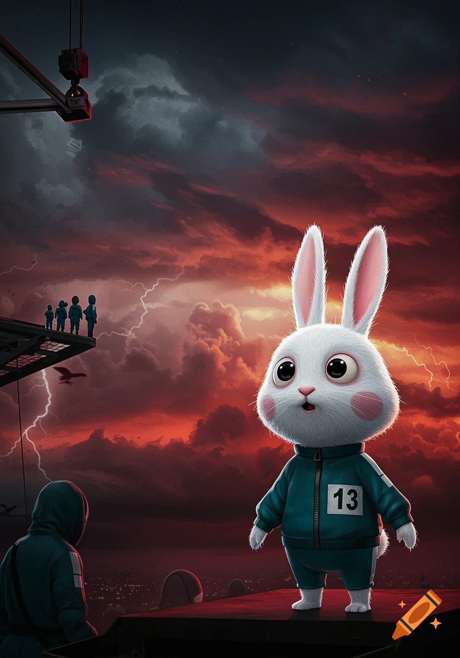 A cartoon white rabbit in a teal Squid Game tracksuit with '13' on it stands on a platform under a stormy, red and black sky with lightning, as other figures look on in the background.