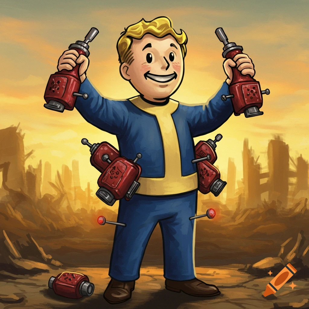 Vault Boy, a cartoon character in a blue and yellow suit, holds two red stimpaks and has several more sticking out of his body, standing in a desolate, destroyed city landscape.