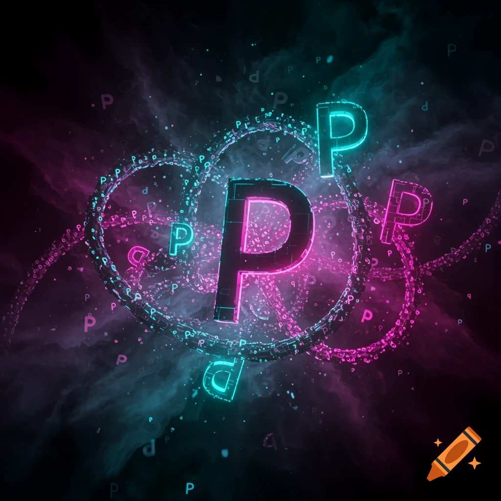 A network of glowing neon 'P' letters in pink and blue, with smaller 'p's, against a dark, smoky background.