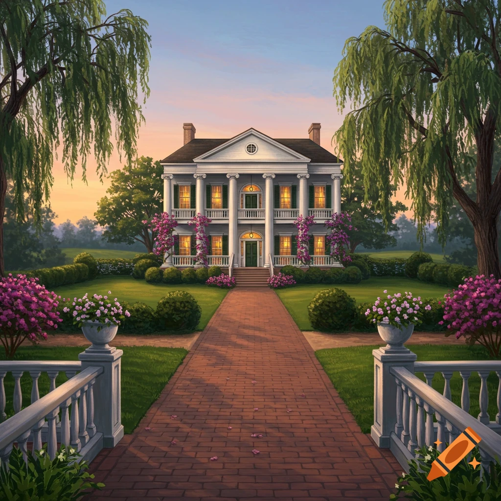 A grand, white plantation-style house with columns, a brick path, weeping willow trees, and blooming purple flowers at sunset.