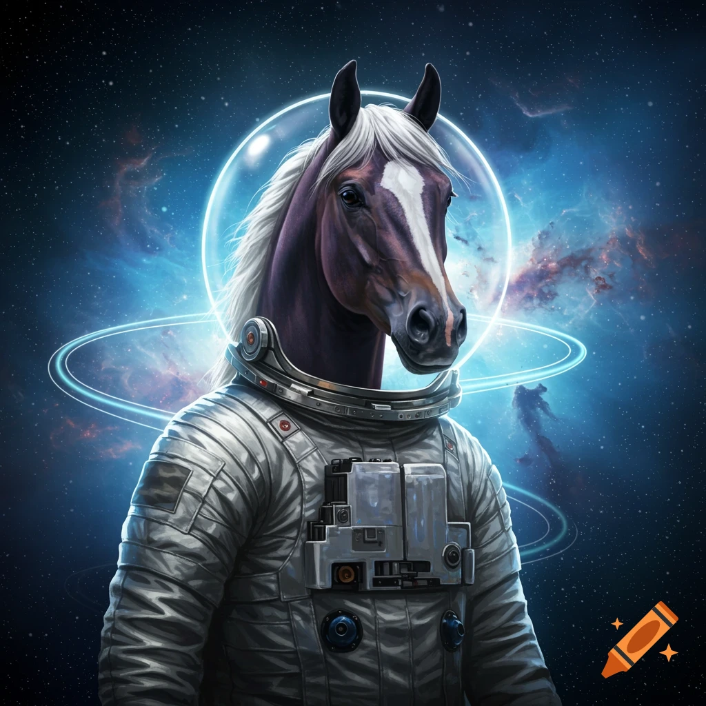 A majestic horse, with a white mane, wearing a detailed astronaut suit and a transparent helmet, floats in deep space among nebulas and stars.