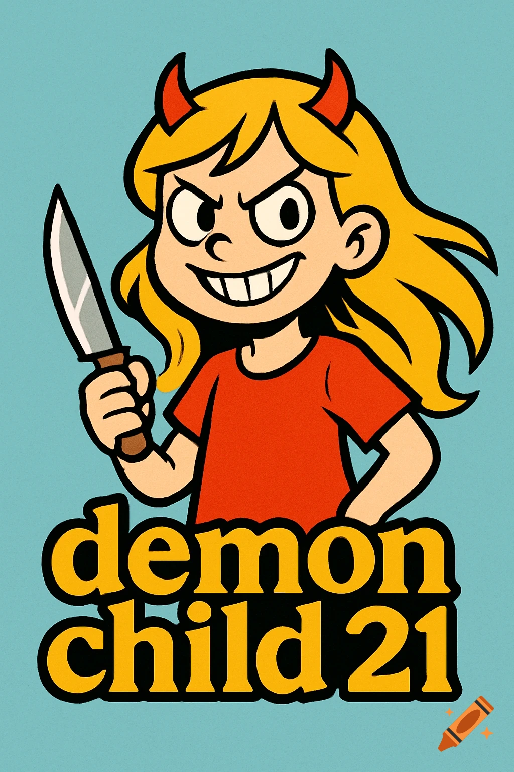 Cartoon girl with blonde hair and red demon horns, wearing a red shirt, holding a knife with a mischievous grin. Blue background.