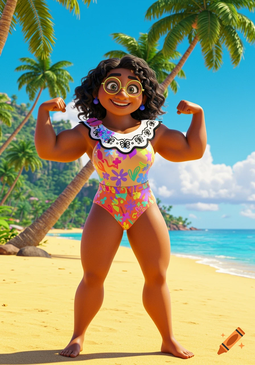 A 3D cartoon of Mirabel from Disney's Encanto flexing her muscular arms on a sunny beach in a colorful swimsuit.