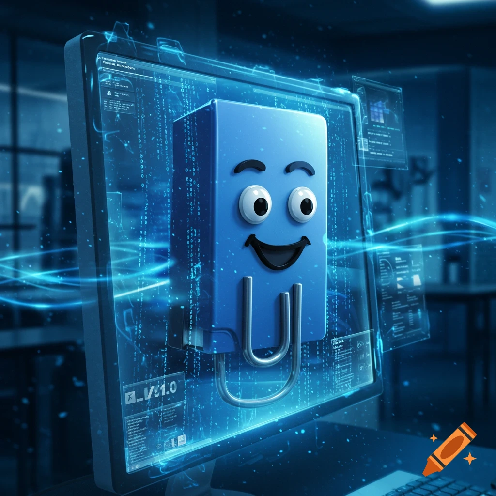 A photorealistic blue Microsoft Clippy character with big eyes and a smile on a computer monitor displaying glowing digital code in a dark tech room.