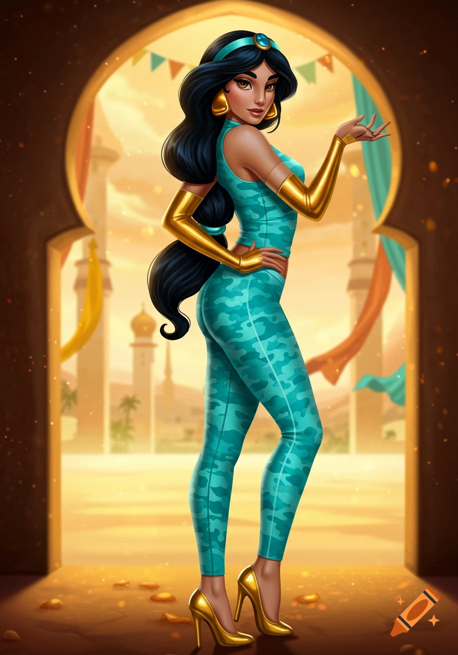 Princess Jasmine in a teal camouflage athletic suit, long gold gloves, and gold high heels, standing in an ornate archway.