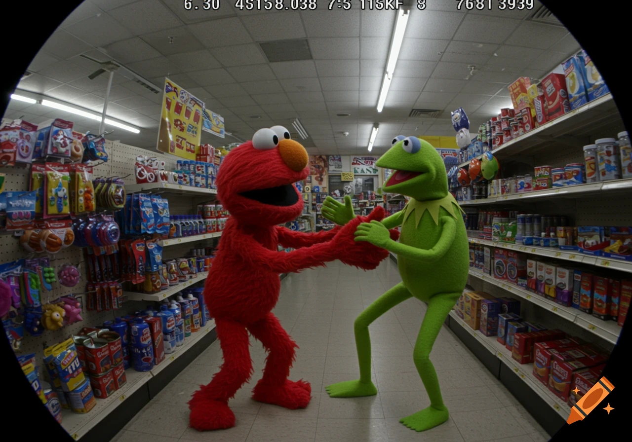 A fisheye security camera view shows Elmo and Kermit standing in the aisle of a dollar store, facing each other with hands raised as if dancing.