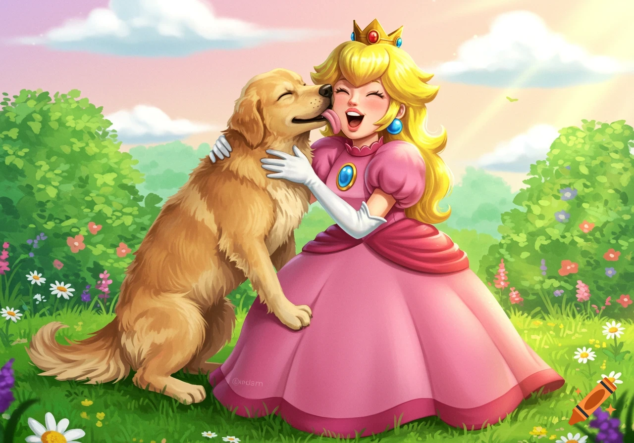 Princess Peach, a smiling blonde character in a pink gown, hugs a golden retriever as it licks her face in a vibrant green meadow.