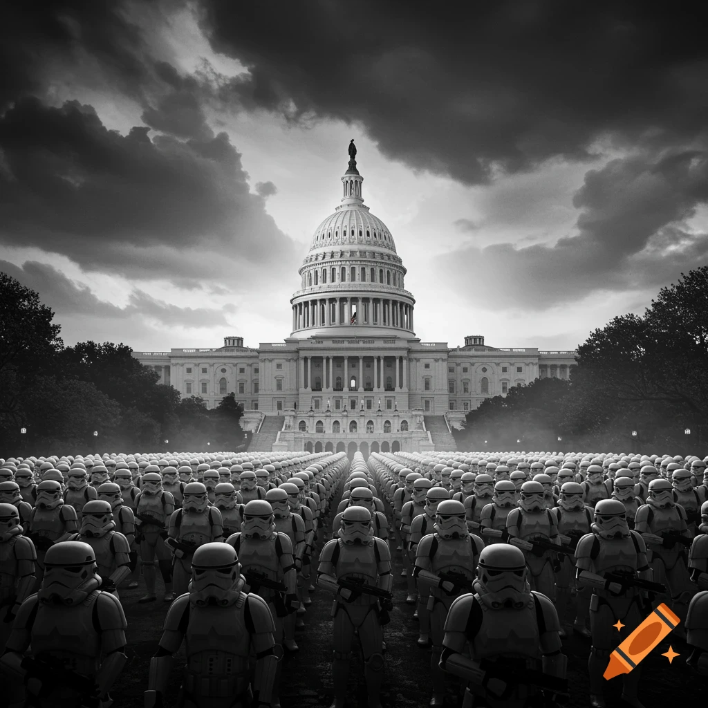 Photorealistic black and white image of Star Wars stormtroopers on the National Mall, facing the US Capitol under stormy skies.
