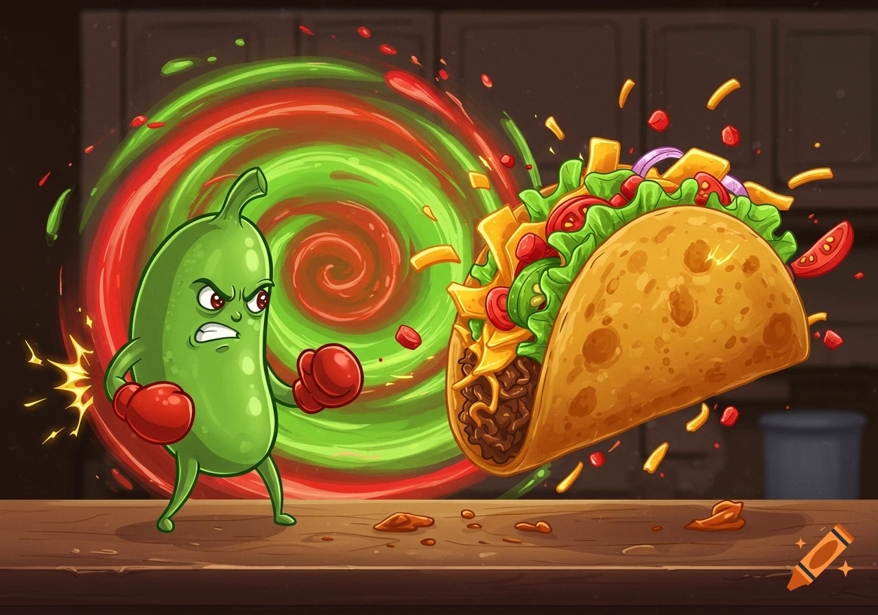 A cartoon green pepper wearing red boxing gloves fights a taco on a wooden counter with a swirling red and green background.